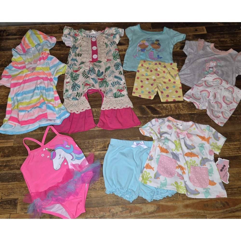 Baby Girl Size 3-6Mo BEACH Bundle Vacation Swim Suit & Cover Romper Outfit  PJs